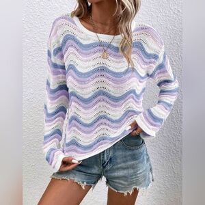 New Casual Wavy Stripe Open Knit Top Sweater White Blue Purple